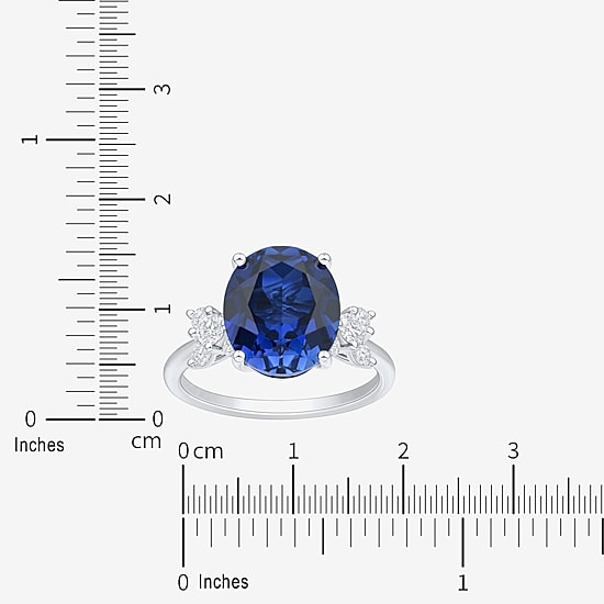 Womens Lab Created Blue Sapphire Sterling Silver Oval Side Stone Cocktail Ring