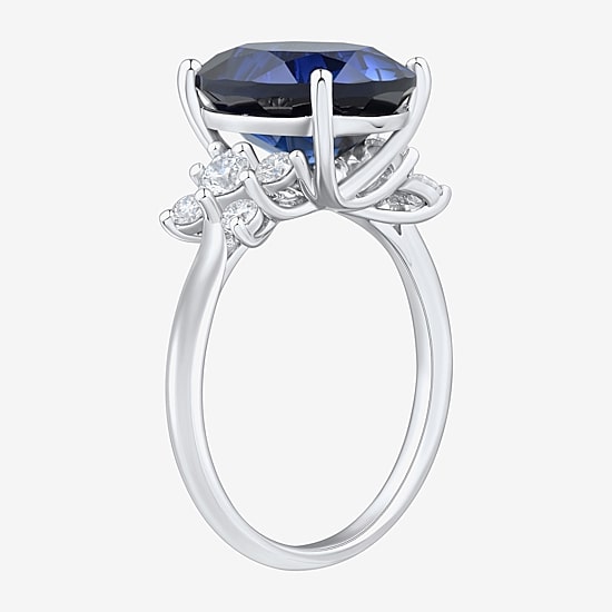 Womens Lab Created Blue Sapphire Sterling Silver Oval Side Stone Cocktail Ring