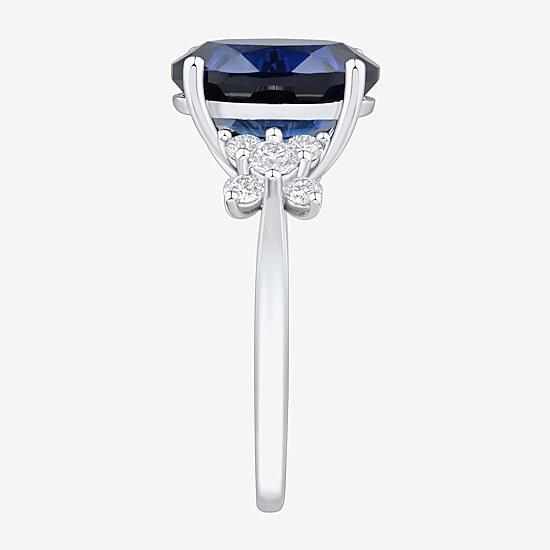 Womens Lab Created Blue Sapphire Sterling Silver Oval Side Stone Cocktail Ring
