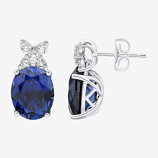Lab Created Blue Sapphire Sterling Silver 14.9mm Oval Stud Earrings