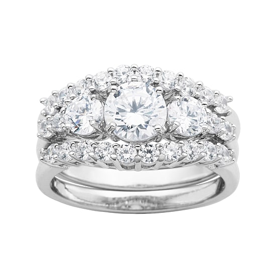 DiamonArt® Cubic Zirconia Sterling Silver 3-Stone Bridal Ring Set