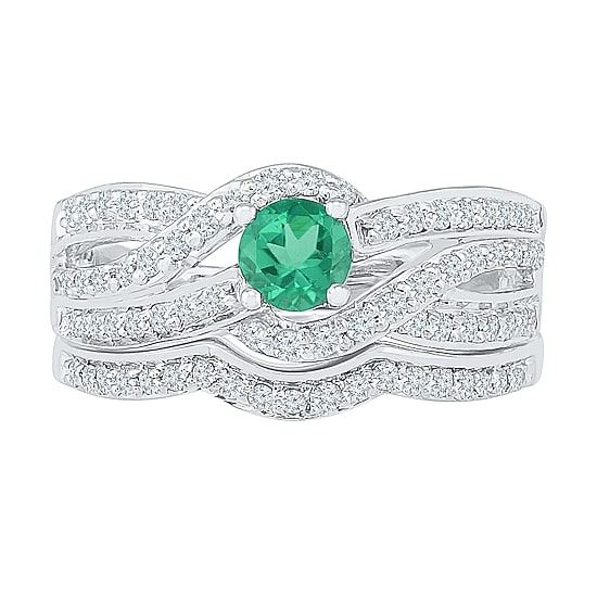 Modern Bride Gemstone Lab Created Emerald & Lab Created Sapphire Sterling Silver Bridal Set