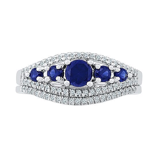 Modern Bride Gemstone Lab Created Sapphire & 1/4 CT. T.W. Diamond Sterling Silver Bridal Set