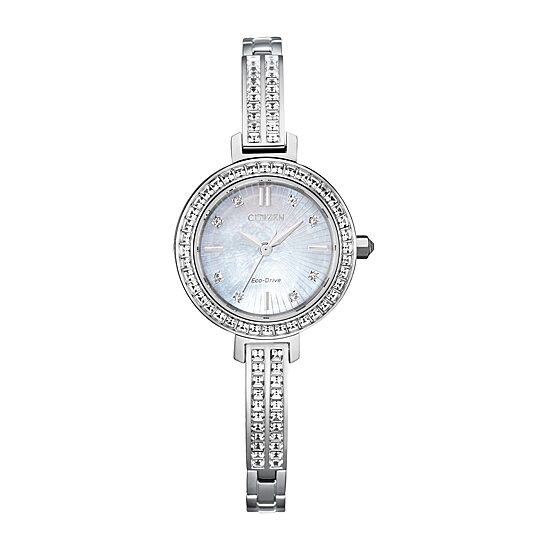 Citizen Eco-Drive Womens Crystal Accent Silver Tone Stainless Steel Bracelet Watch Em0860-51d