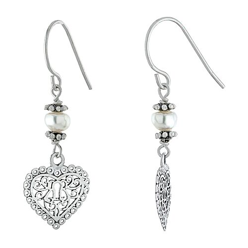 Silver Treasures Sterling Silver Cultured Freshwater Pearl Heart Drop Earrings, One Size