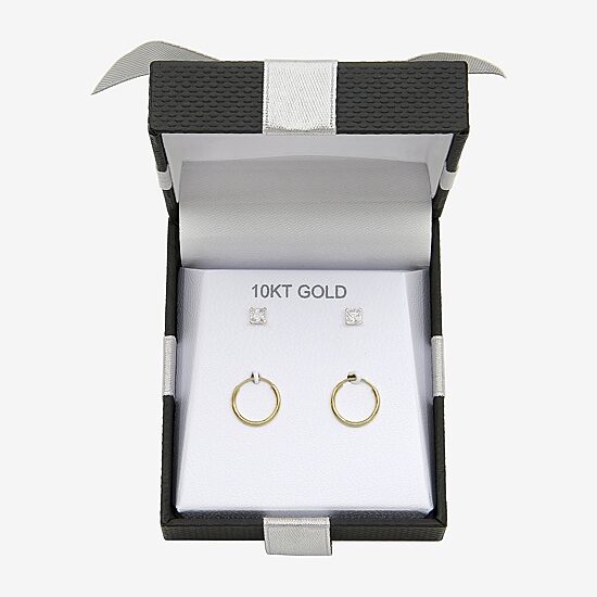 Womens Cubic Zirconia 10K Gold 2 Pair Earring Set