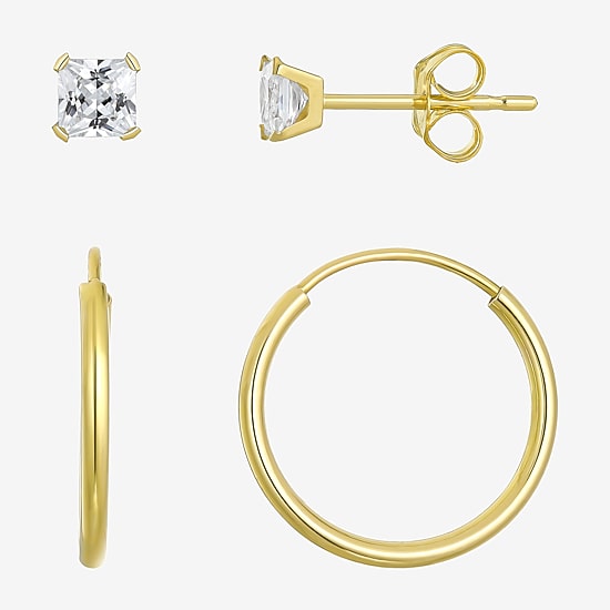 Womens Cubic Zirconia 10K Gold 2 Pair Earring Set
