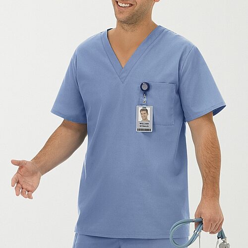 Fundamentals By White Swan 14900 1-Pocket Unisex Adult V Neck Short Sleeve Scrub Top, Large, Blue