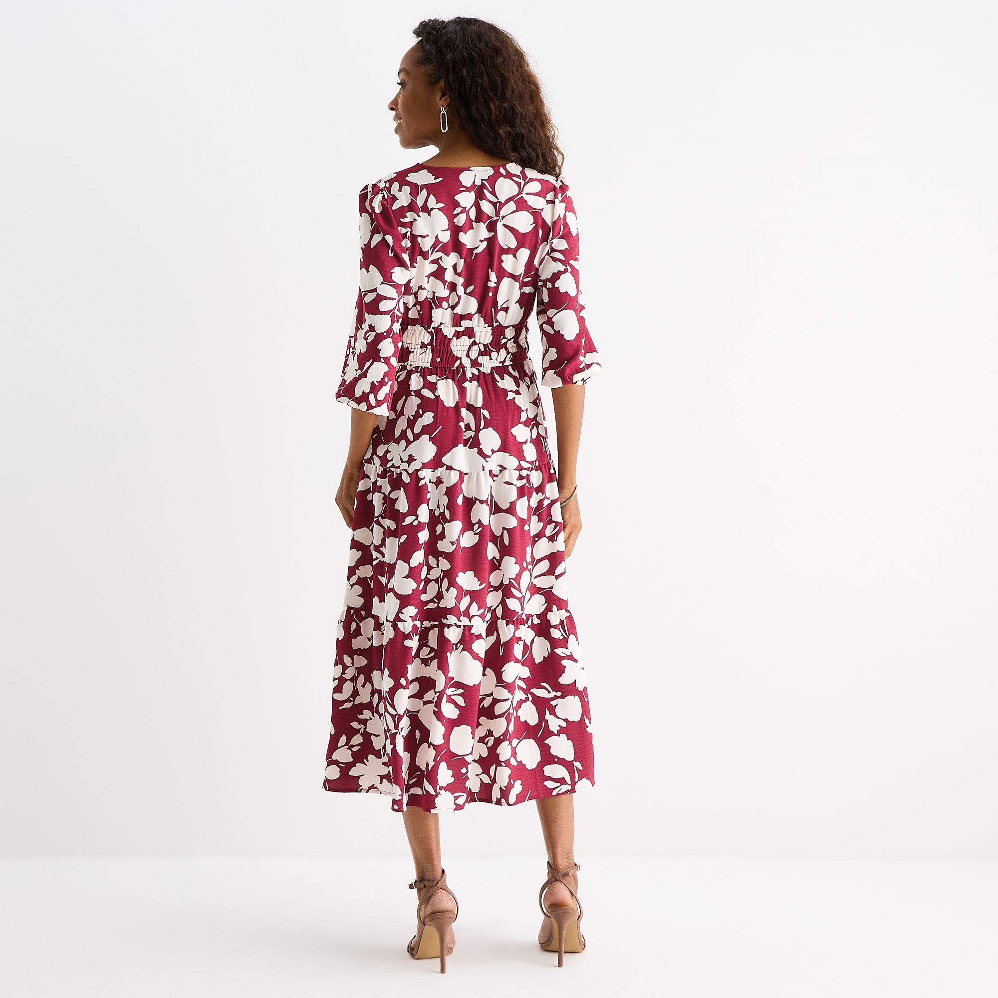 Be by CHETTA B Womens Midi V Neck 3/4 Sleeve Balloon Floral Fit + Flare Dress