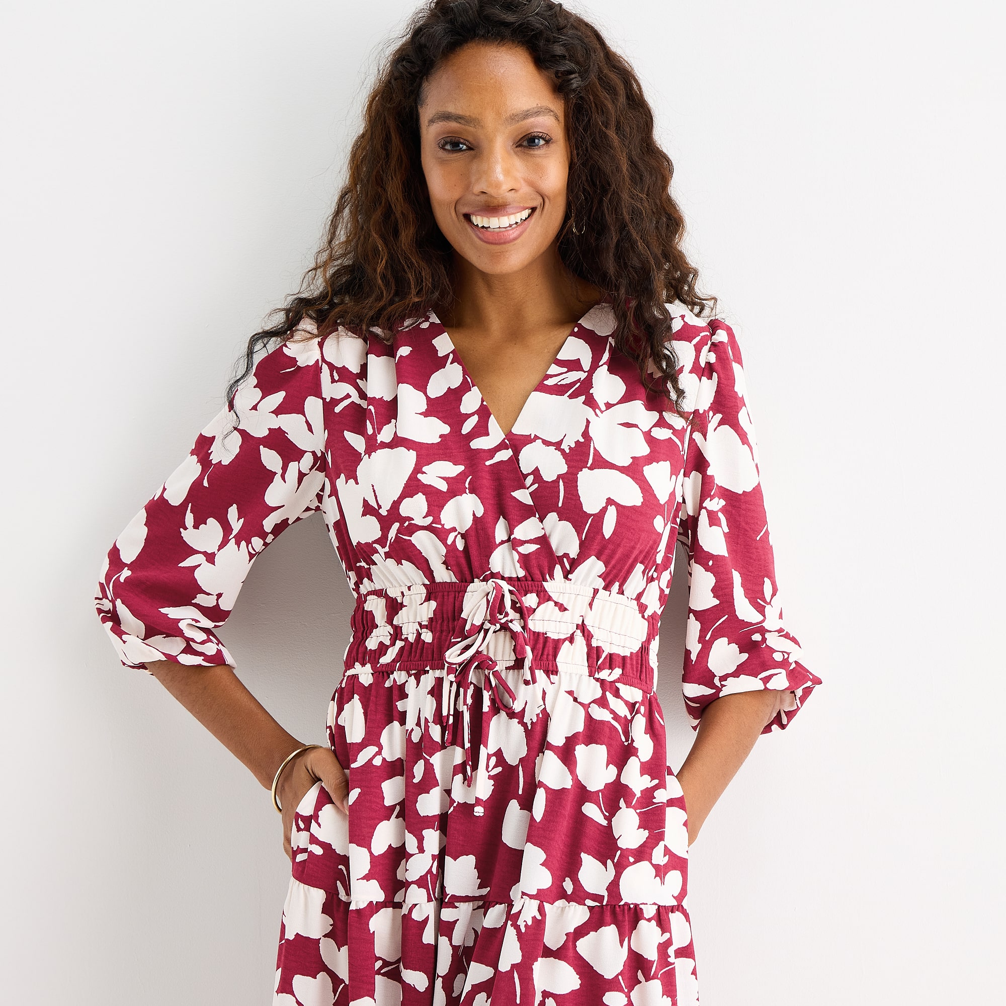 Be by CHETTA B Womens Midi V Neck 3/4 Sleeve Balloon Floral Fit + Flare Dress