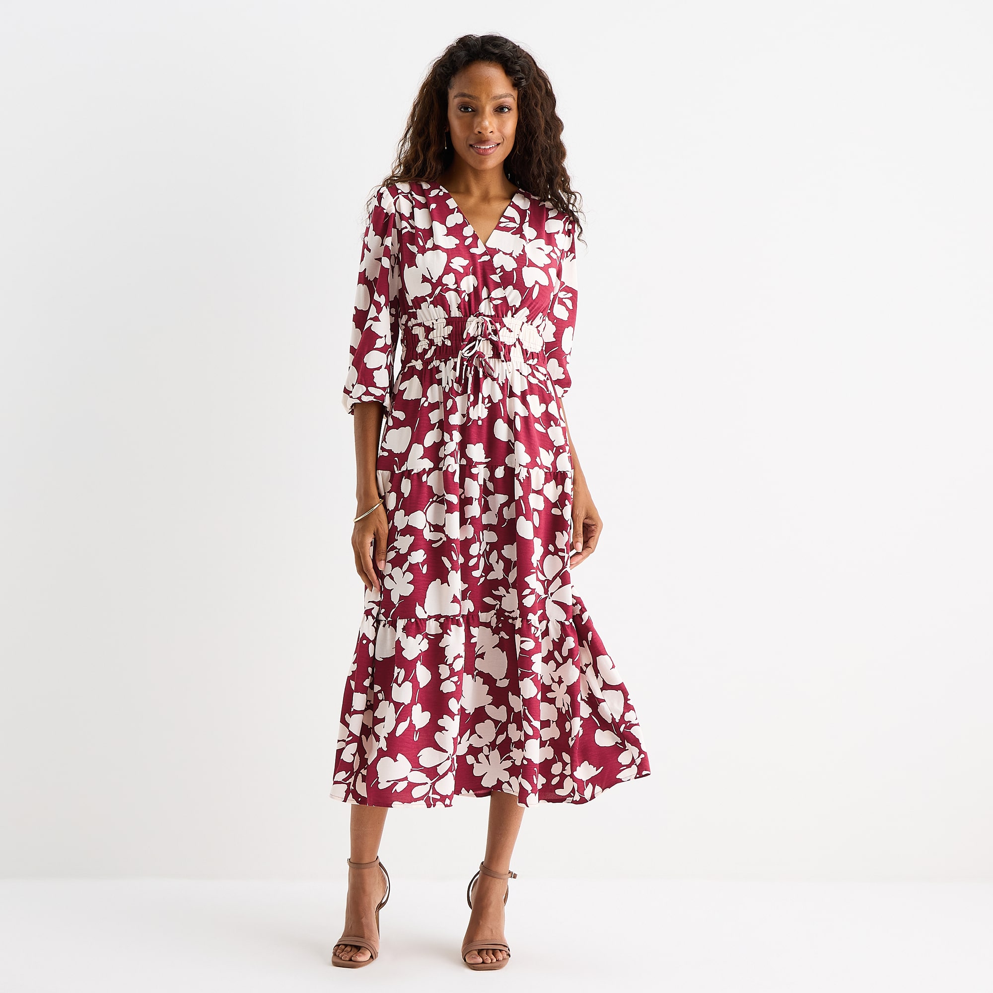 Be by CHETTA B Womens Midi V Neck 3/4 Sleeve Balloon Floral Fit + Flare Dress