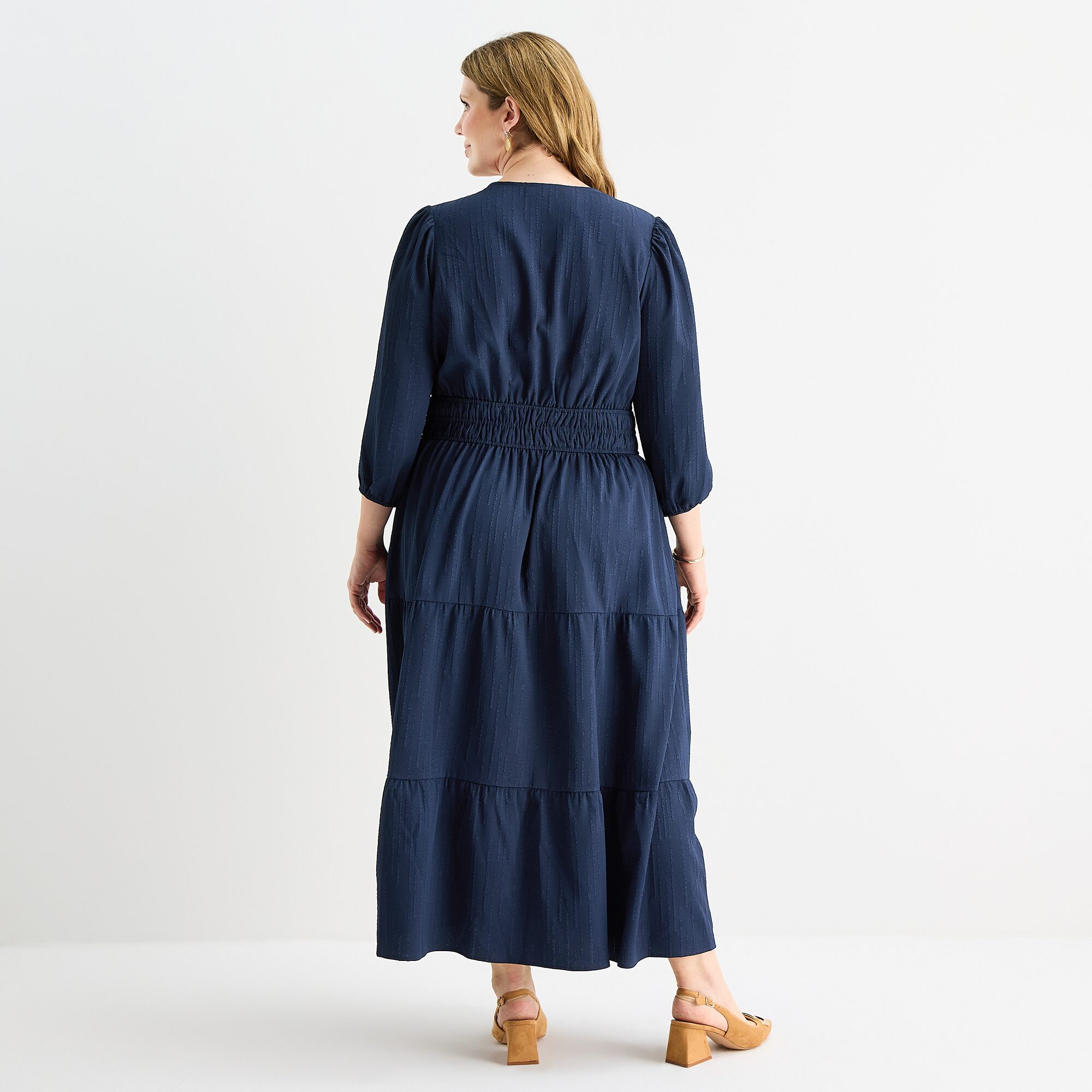 Be by CHETTA B Womens Plus Midi V Neck 3/4 Sleeve Balloon Fit + Flare Dress