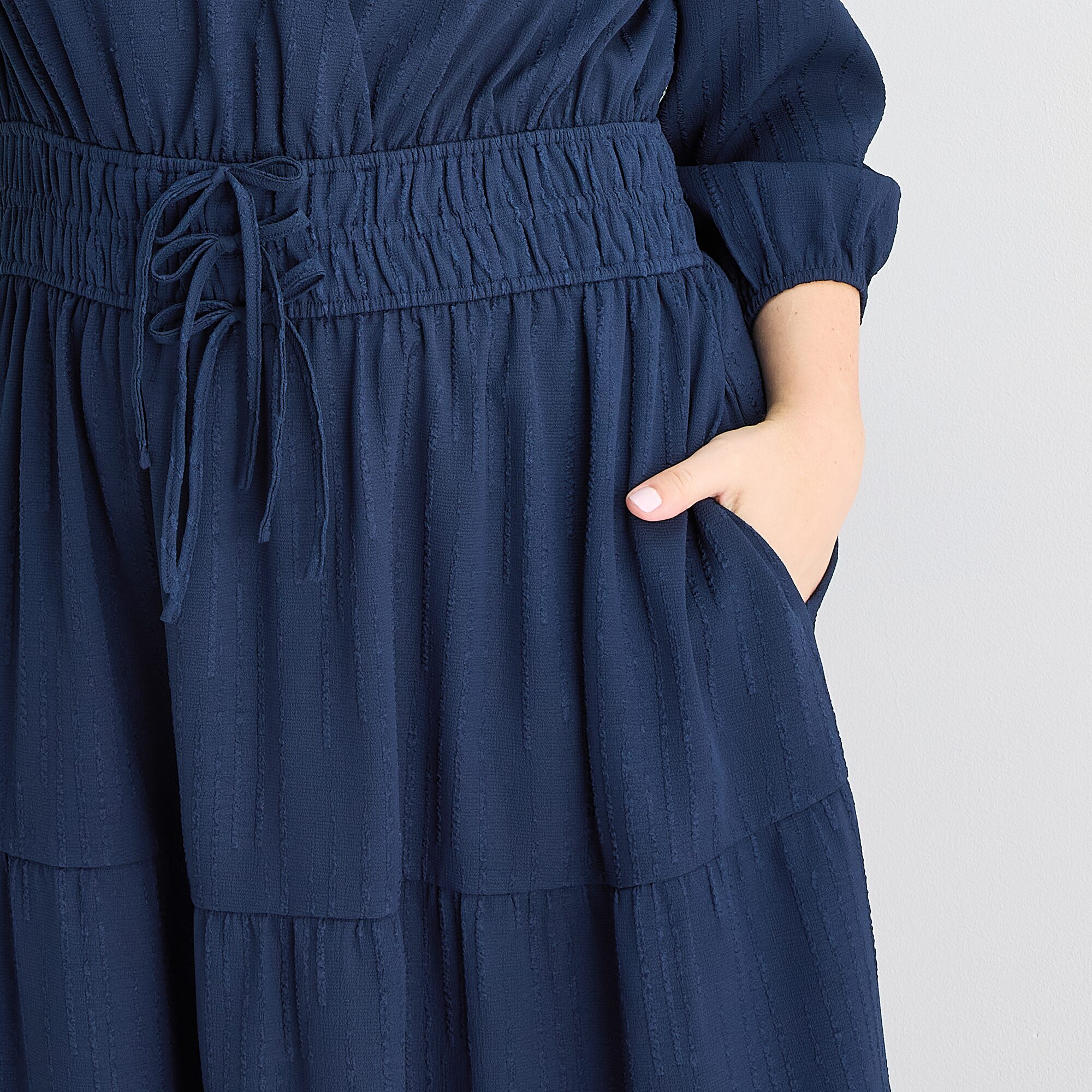Be by CHETTA B Womens Plus Midi V Neck 3/4 Sleeve Balloon Fit + Flare Dress