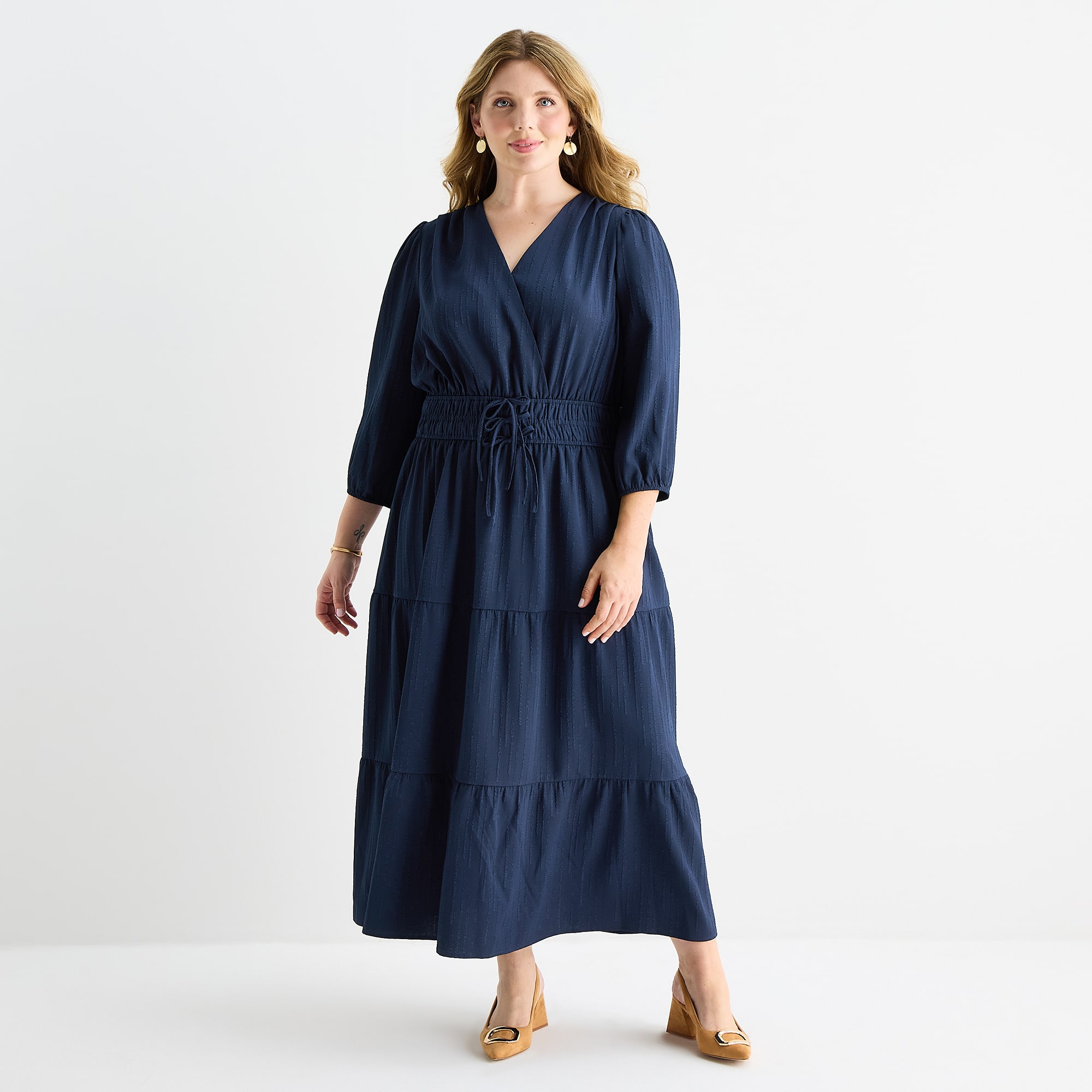 Be by CHETTA B Womens Plus Midi V Neck 3/4 Sleeve Balloon Fit + Flare Dress