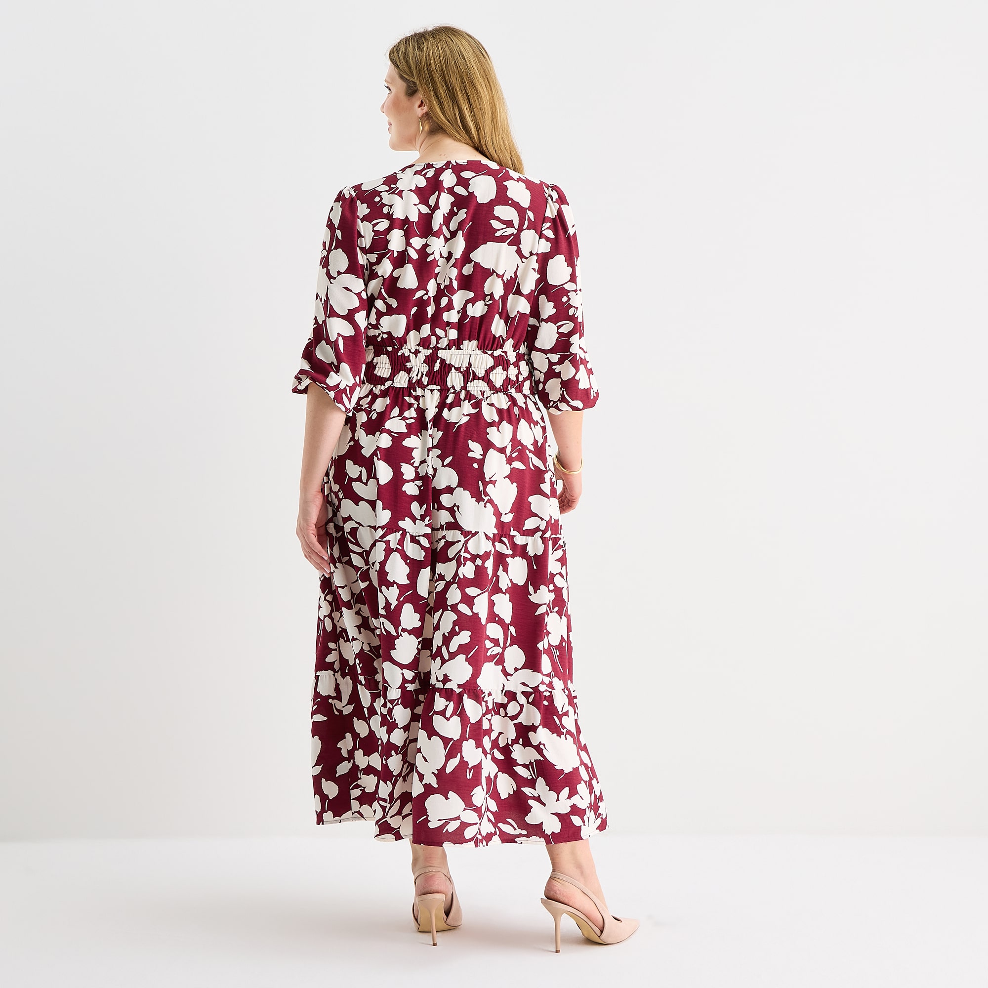 Be by CHETTA B Womens Plus Midi V Neck 3/4 Sleeve Balloon Floral Fit + Flare Dress