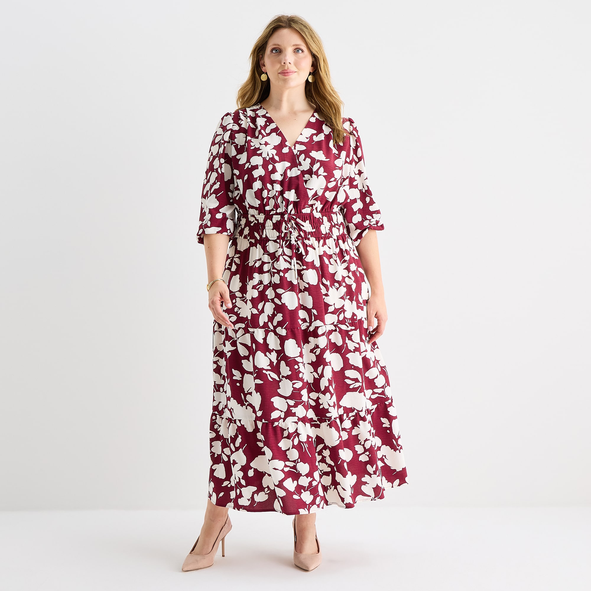 Be by CHETTA B Womens Plus Midi V Neck 3/4 Sleeve Balloon Floral Fit + Flare Dress