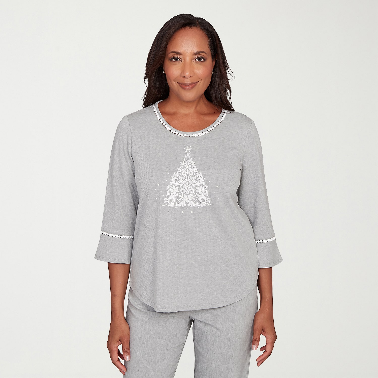Alfred Dunner Stockbridge Womens Crew Neck 3/4 Sleeve T-Shirt