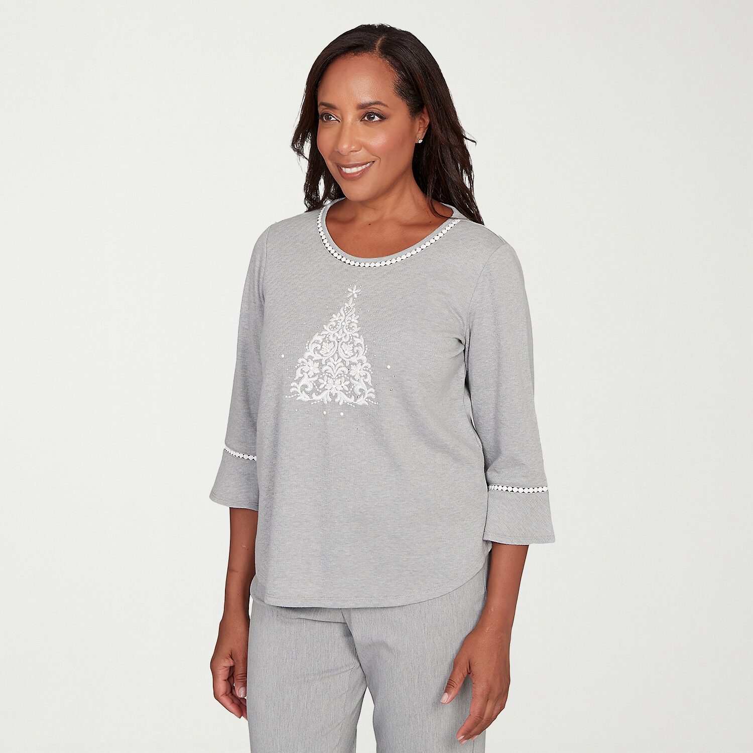 Alfred Dunner Stockbridge Womens Crew Neck 3/4 Sleeve T-Shirt