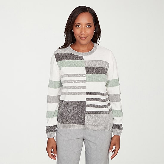 Alfred Dunner Stockbridge Womens Crew Neck Long Sleeve Striped Pullover Sweater