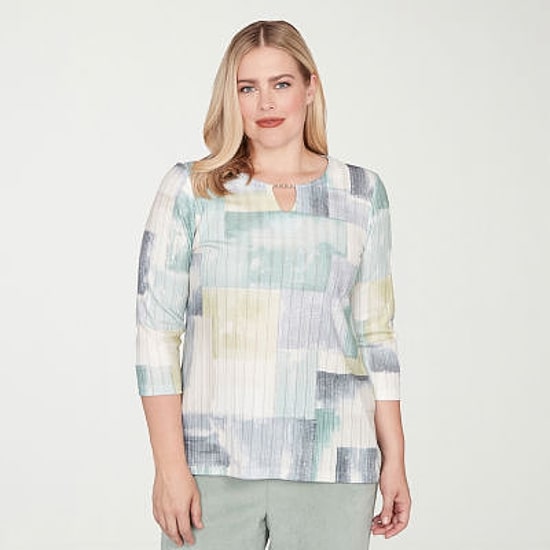 Alfred Dunner Stockbridge Womens Keyhole Neck 3/4 Sleeve T-Shirt