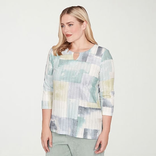 Alfred Dunner Stockbridge Womens Keyhole Neck 3/4 Sleeve T-Shirt