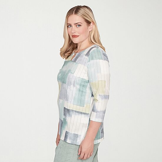 Alfred Dunner Stockbridge Womens Keyhole Neck 3/4 Sleeve T-Shirt