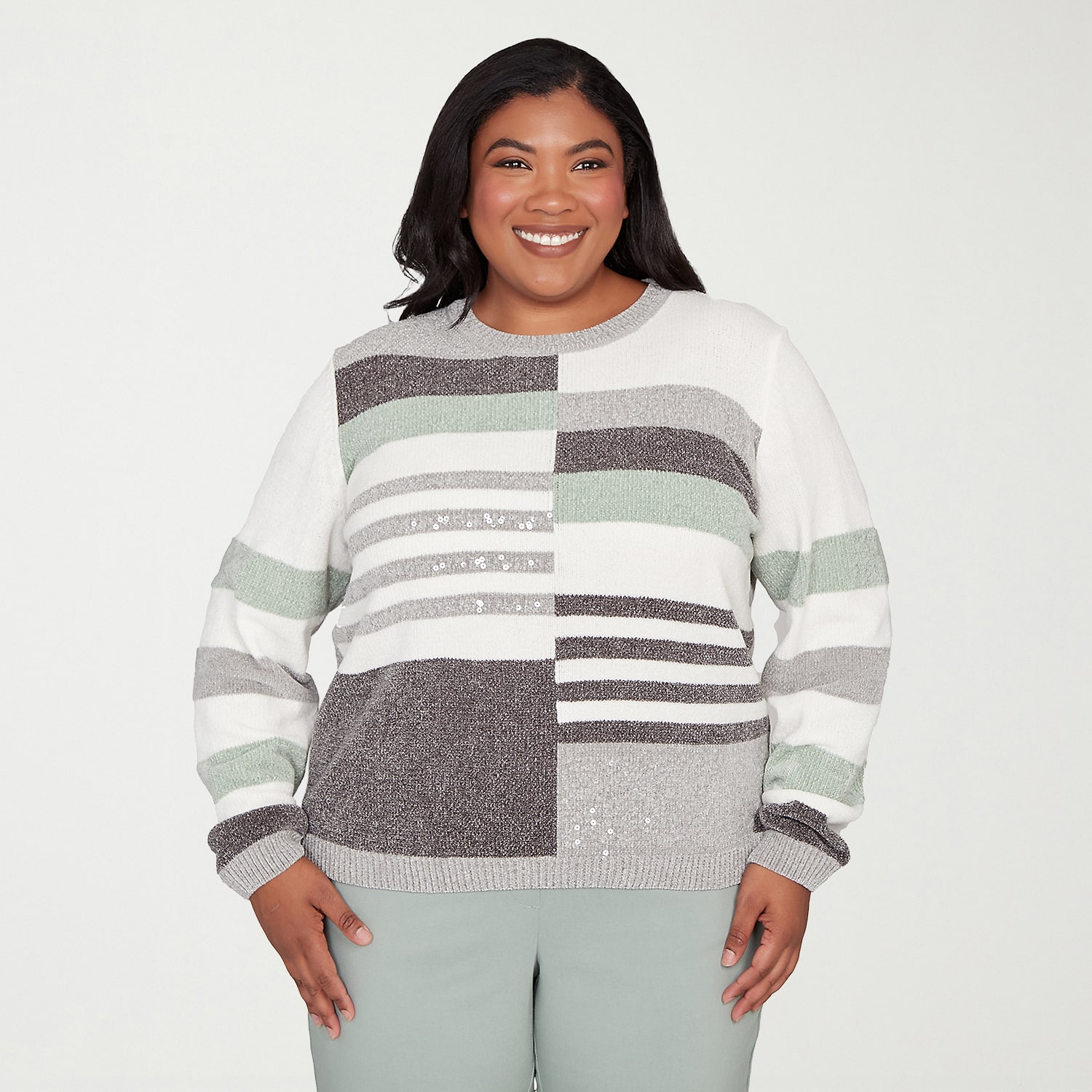 Alfred Dunner Plus Stockbridge Womens Crew Neck Long Sleeve Striped Pullover Sweater