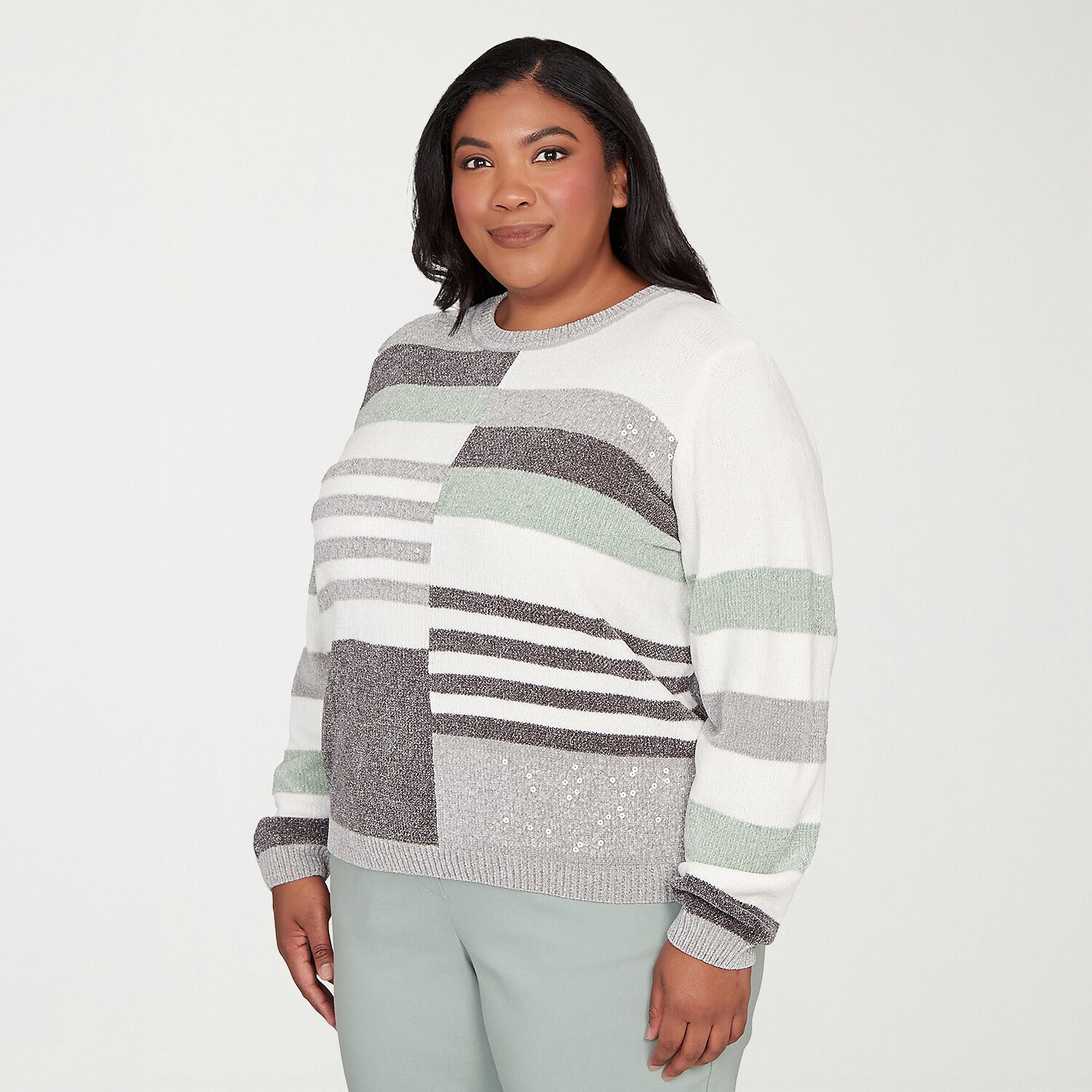 Alfred Dunner Plus Stockbridge Womens Crew Neck Long Sleeve Striped Pullover Sweater