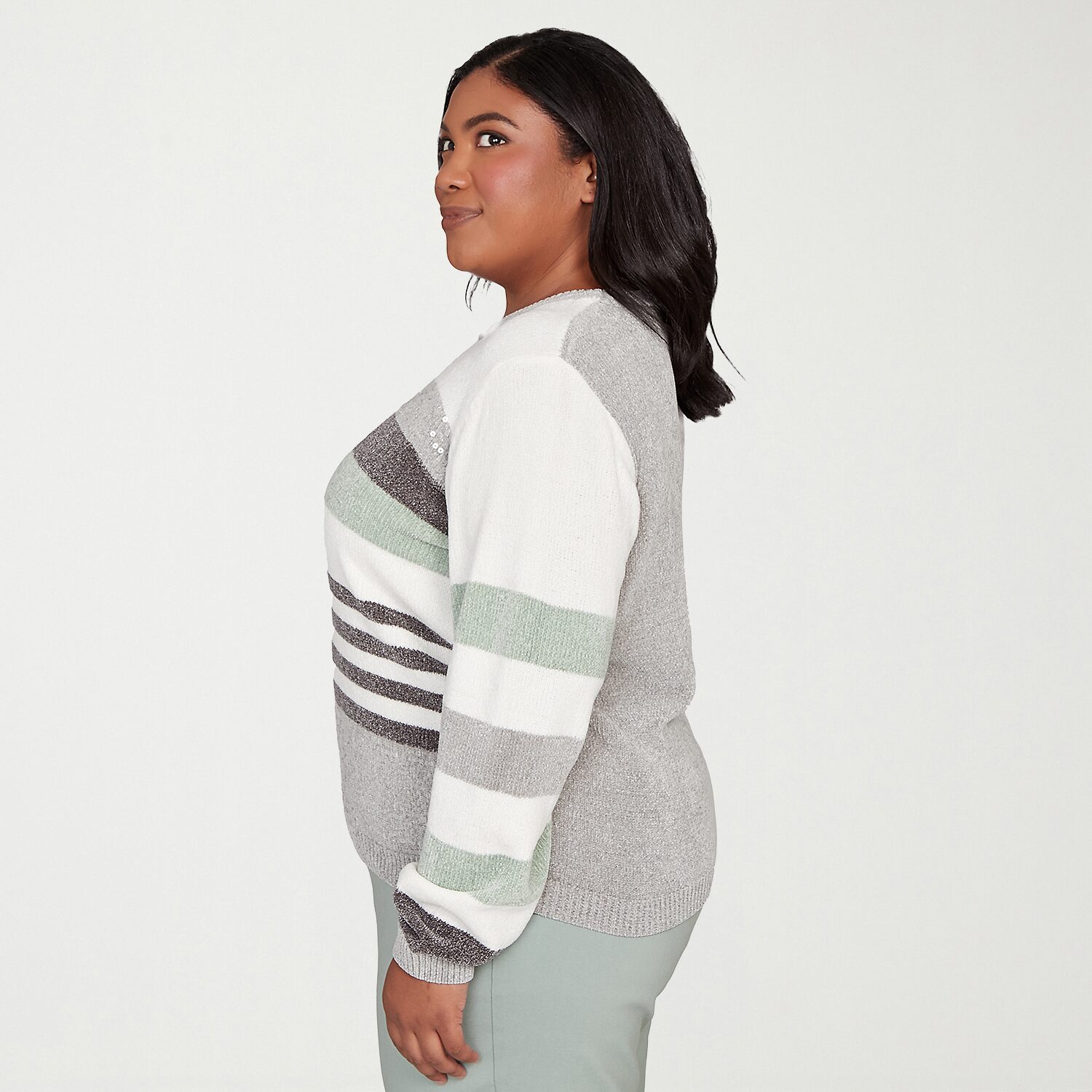 Alfred Dunner Plus Stockbridge Womens Crew Neck Long Sleeve Striped Pullover Sweater