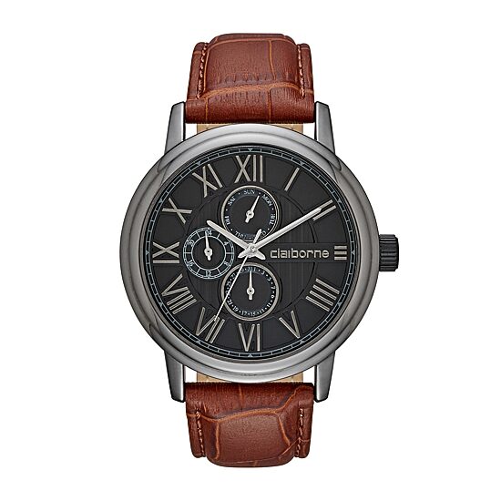 Claiborne® Mens Croc-Look Brown Leather Strap Watch