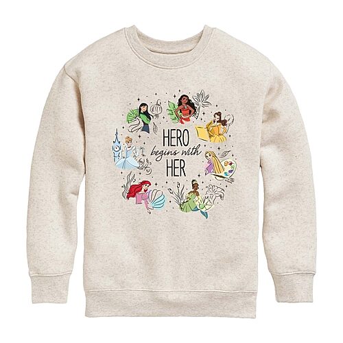Disney Collection Little & Big Kid Girls Crew Neck Long Sleeve Ariel Belle Cinderella Sweatshirt, X-large, Beige