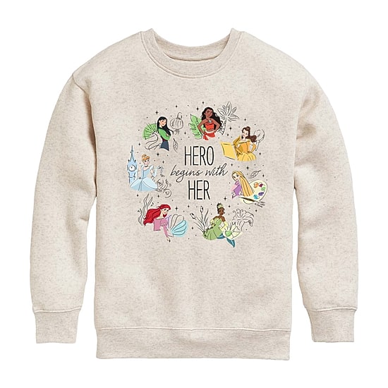 Disney Collection Little & Big Kid Girls Crew Neck Long Sleeve Ariel Belle Cinderella Sweatshirt