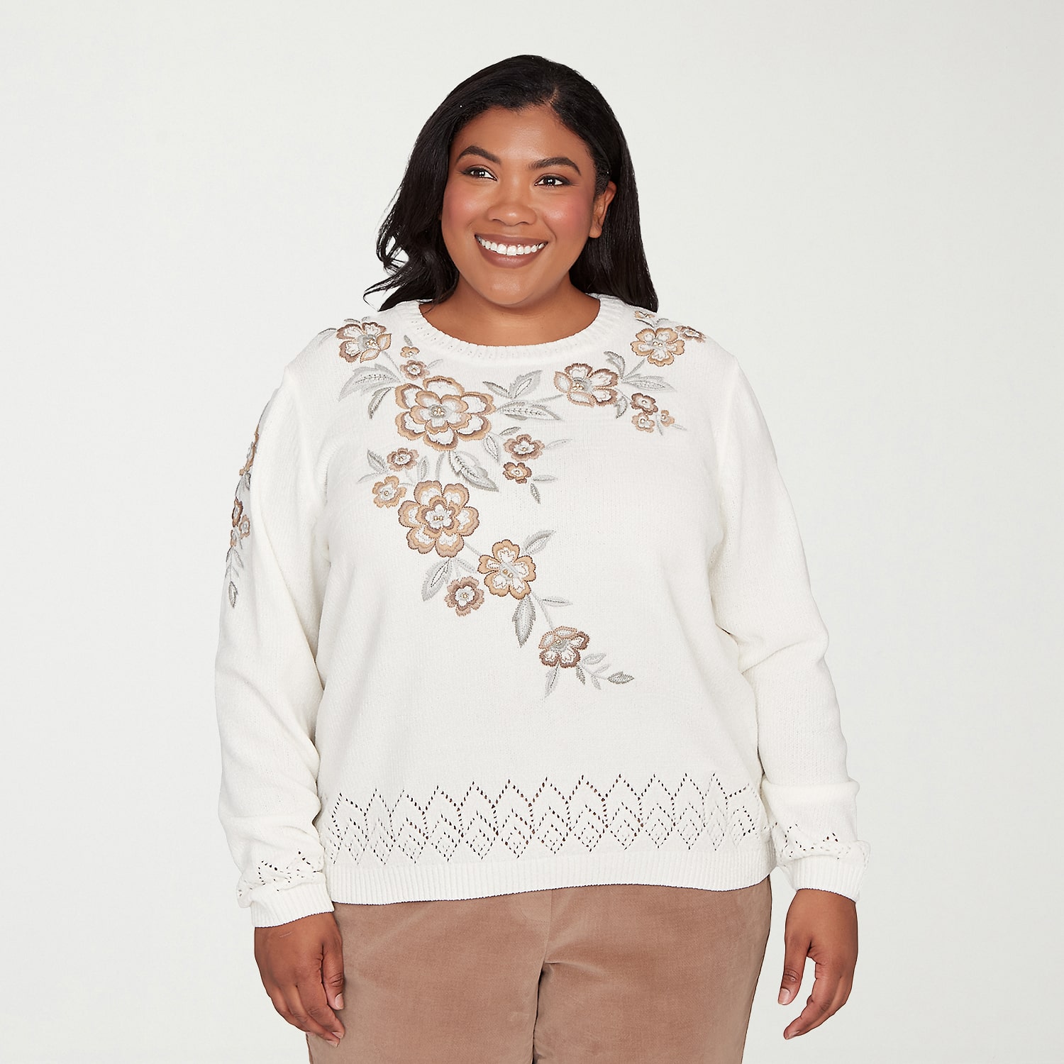 Alfred Dunner Plus Vienna Womens Crew Neck Long Sleeve Floral Pullover Sweater
