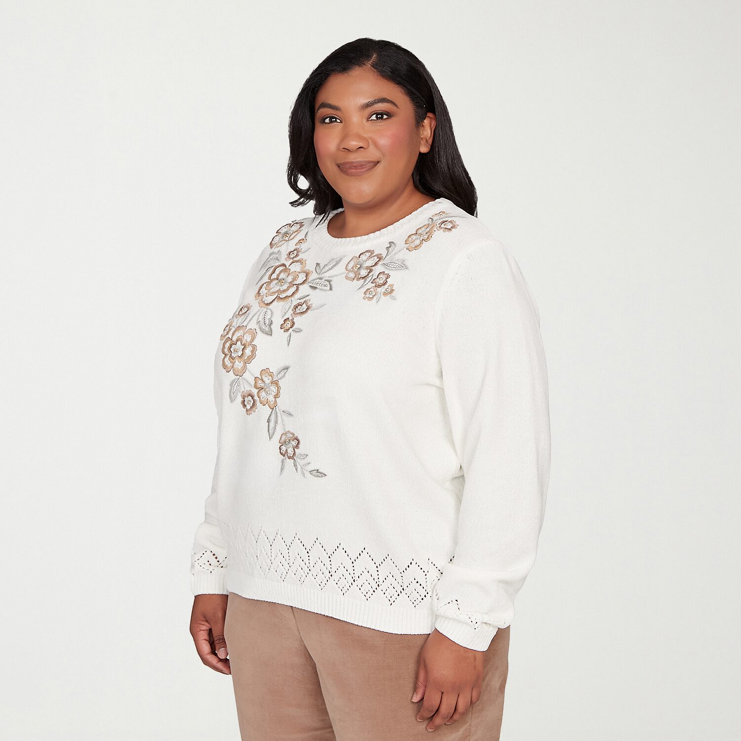 Alfred Dunner Plus Vienna Womens Crew Neck Long Sleeve Floral Pullover Sweater
