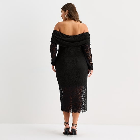 Premier Amour Off The Shoulder Womens Plus Midi Straight Neck Long Sleeve Sheath Dress