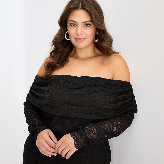 Premier Amour Off The Shoulder Womens Plus Midi Straight Neck Long Sleeve Sheath Dress