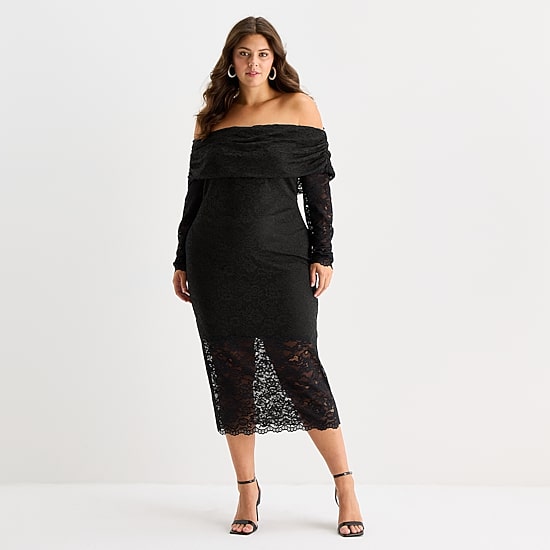 Premier Amour Off The Shoulder Womens Plus Midi Straight Neck Long Sleeve Sheath Dress