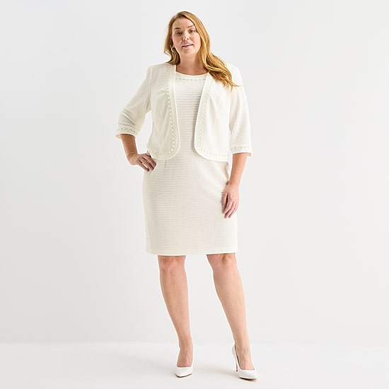 Maya Brooke Womens Plus Pearl Trim Jacket Dress