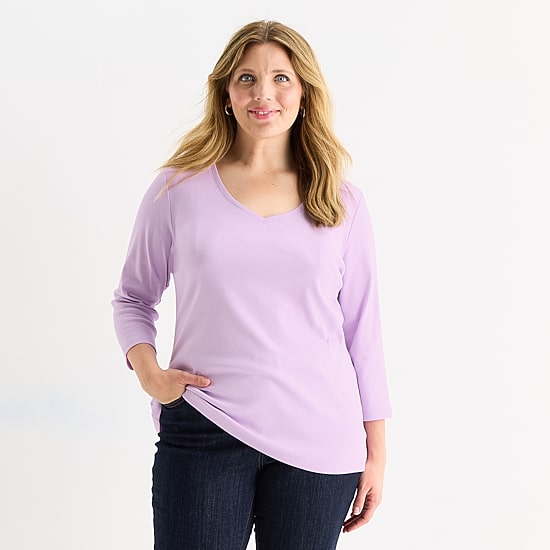St. John's Bay Womens Plus V Neck 3/4 Sleeve T-Shirt
