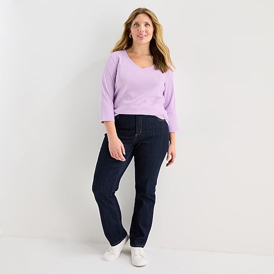 St. John's Bay Womens Plus V Neck 3/4 Sleeve T-Shirt