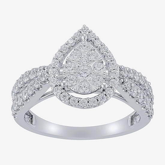 Diamond Blossom (H-I / I1) Womens 1 CT. T.W. Lab Grown White Diamond 10K Gold Pear Halo Cocktail Ring