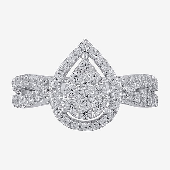 Diamond Blossom (H-I / I1) Womens 1 CT. T.W. Lab Grown White Diamond 10K Gold Pear Halo Cocktail Ring