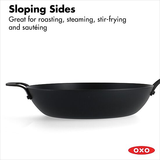 OXO Black Steel 12" Wok with Helper Handle & Silicone Sleeve