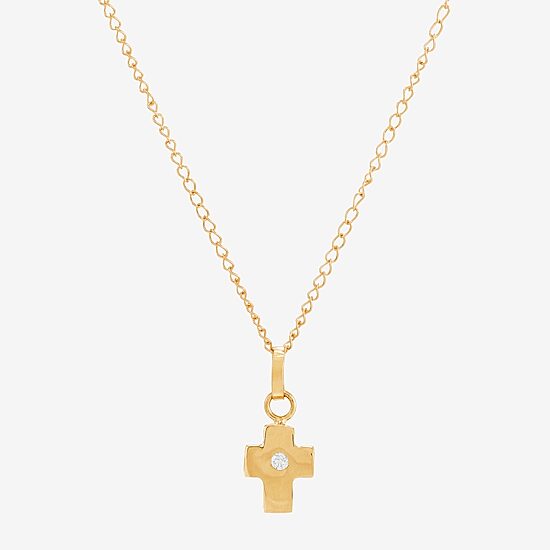Girls White Diamond 14K Gold Cross 13 Inch Pendant Necklace