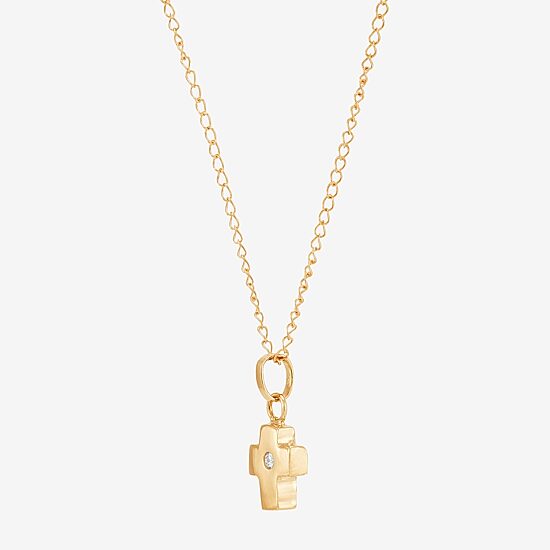 Girls White Diamond 14K Gold Cross 13 Inch Pendant Necklace