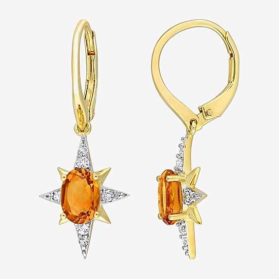 Womens Genuine Yellow Citrine 18K Gold Over Silver Star Drop Earrings