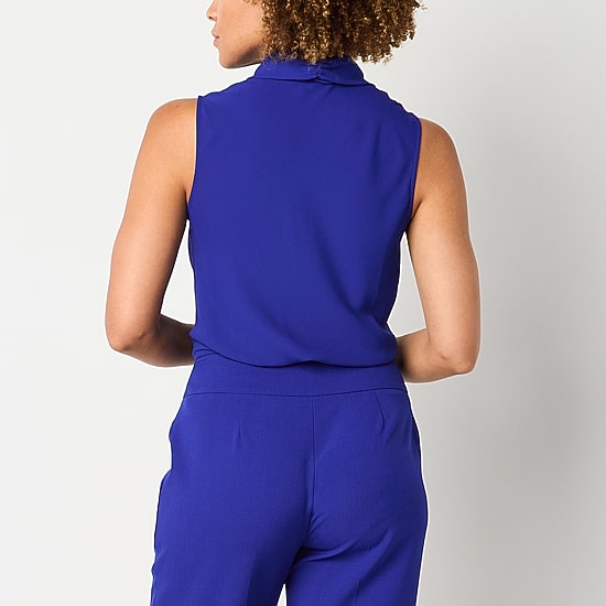 Black Label by Evan-Picone Womens Split Tie Neck Sleeveless Blouse