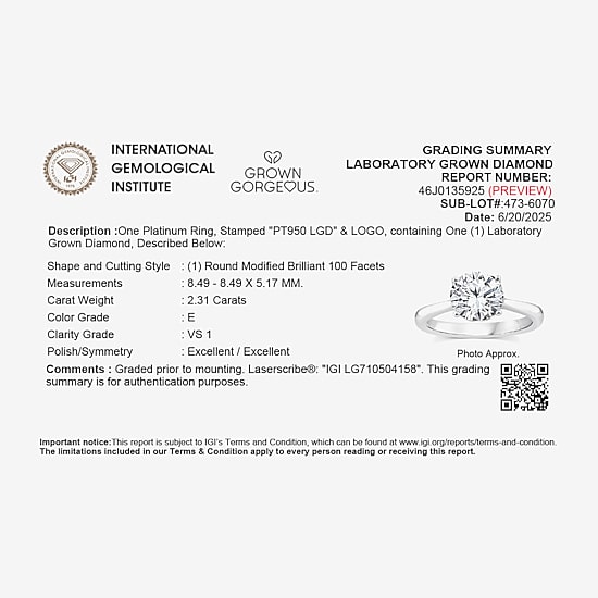 Grown Gorgeous (F,Vs2) Womens 2 1/4 CT. T.W. Lab Grown White Diamond 14K Gold or Platinum Round Solitaire Engagement Ring