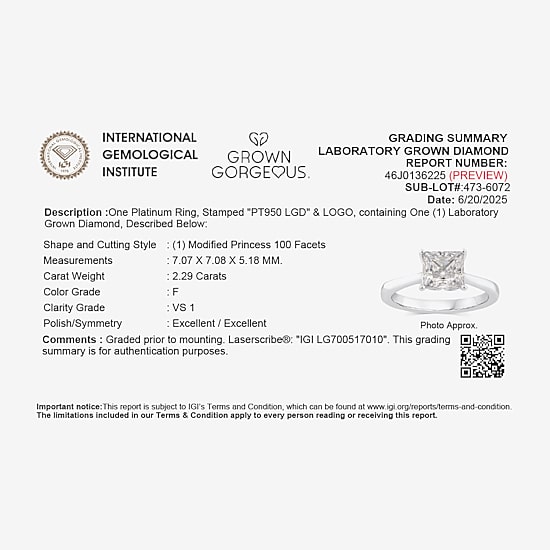 Grown Gorgeous (F, Vs2) Womens 2 1/4 CT. T.W. Lab Grown White Diamond 14K Gold or Platinum Princess-cut Solitaire Engagement Ring