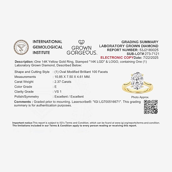 Grown Gorgeous (F, Vs2) Womens 2 1/4 CT. T.W. Lab Grown White Diamond 14K Gold or Platinum Oval Solitaire Engagement Ring